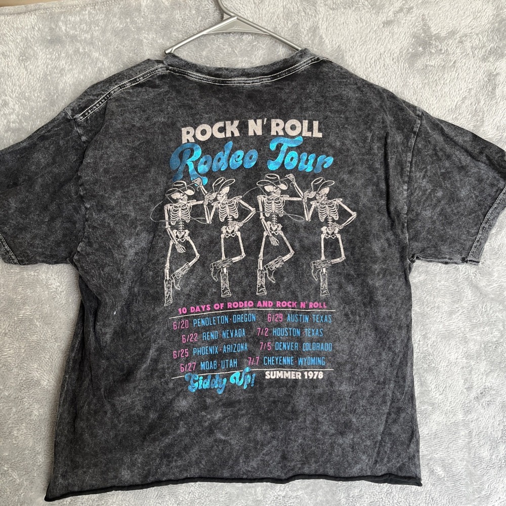 Women's Rodeo Tour Gray Acid T Shirt Cowboy Skeleton Crop Cute Summer Sz Large